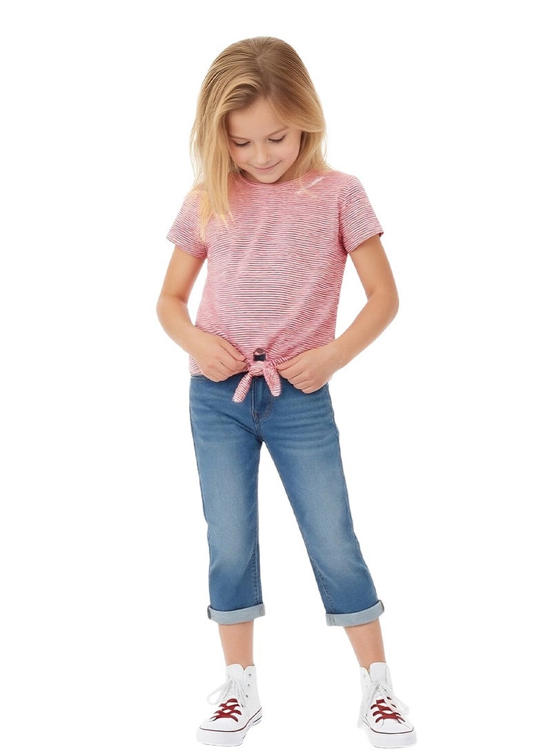 WiNi BEE Girls Short Sleeve T-Shirt | Red and White Striped Crew Neck Top with Tie Front | Casual Summer Tee for Ages 8-10, 10-12, 12-14, 14-16 Years - Image 4
